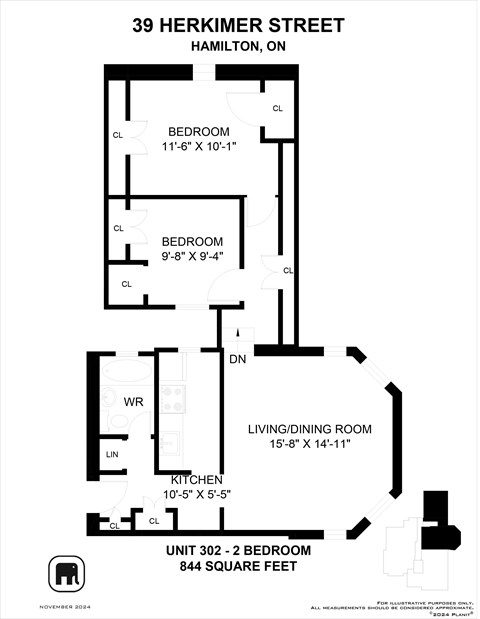 Floor plan for 2 beds, 1 bath